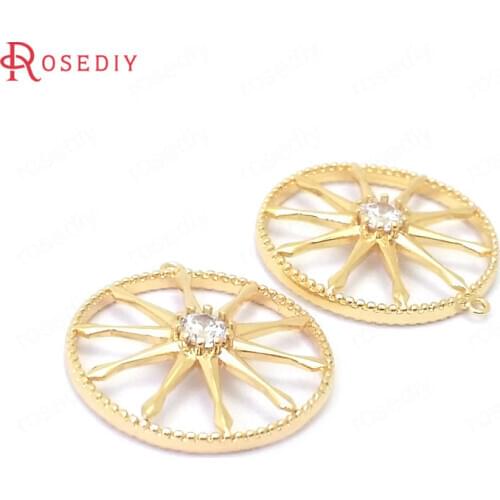 39063)6PCS 17x18.5MM 24K Gold Color Brass and Zircon Round Star Charms Pendants Jewelry Making Supplies Diy Accessories