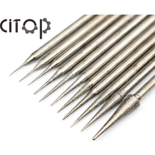 Citop 11pcs/set 2.35mm Shank Diamond Needle Burrs Rotary Point Sharp Rods Bur Bit Needle Carving Punch Drilling Sharp Grind Head