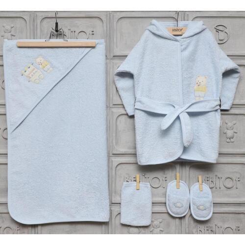 Bebitof Newborn Baby Boys Toddler 100% Cotton Terry Bathrobe & Hooded Towel Set Bathtime Gift Bundle 5 Piece Blue 0 – 24 Month