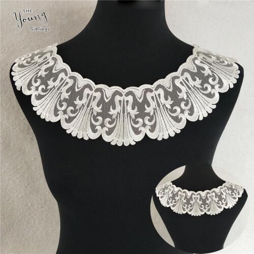 White Organza Embroidery Lace Collar Fabric Sewing Applique DIY Bridal Material Lace trim Neckline Wedding Supply Front and Back