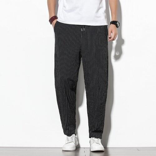 Cotton Linen Striped Men Harem Pants Nice Pop Fashion Korean Style Hip Hop Streetwear Mens Jogger Pants Casual Male Trousers