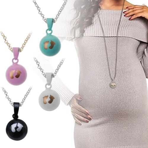 N7MF Baby Footprints Brilliant Pregnancy Chime Bola Pendant Harmony Ball Necklace 32" Long Chain for Mother Baby Jewelry