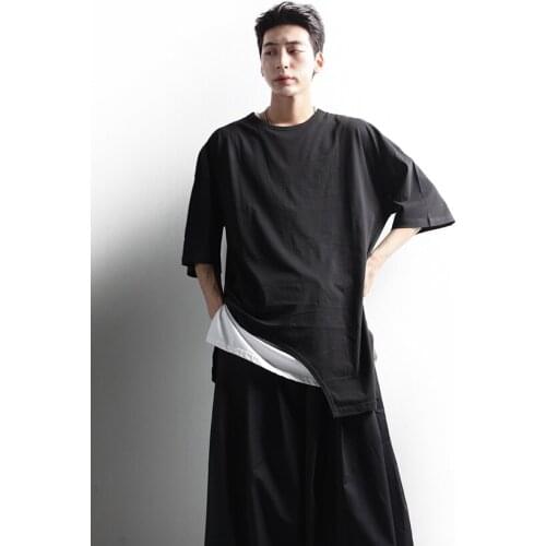 Trendy mens T-shirt summer Korean fashion casual T-shirt irregular edge round neck personality short sleeve T-shirt loose large