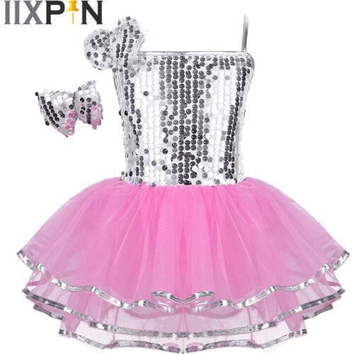IIXPIN Girls Jazz Dress Dance wear Costume Outfit Sparkly Sequins Mesh Dress with Hairclip Modern Contemporary Dance Clothes