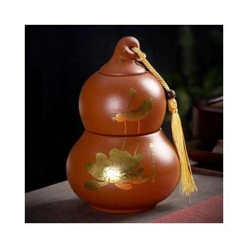 Ceramic tea box big sealed double purple sand pot gourd family ornaments pu-erh tea box a tea set box ceramic containers