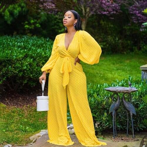 2021 High Quality New Design Jumpsuits Dot V-neck Long Sleeve Belt Loose Rompers