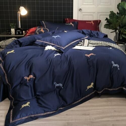 Blue 100S Embroidered Horse Egyptian cotton Royal Bedding sets Queen King Wedding Duvet cover Bed sheet set Pillowcases 4pcs