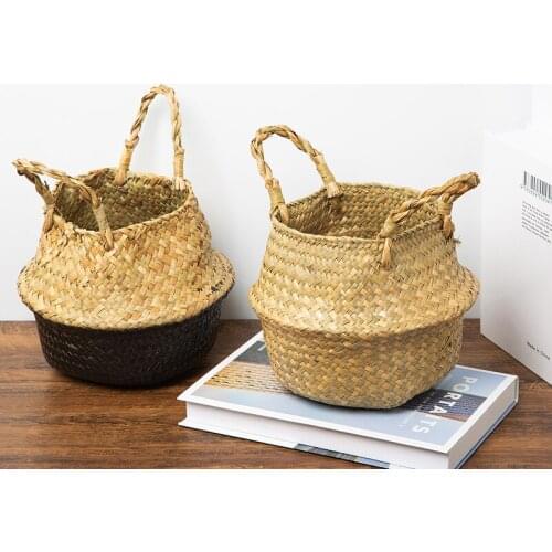 Rattan Basket Foldable Seagrass Laundry Basket Woven Garden Flower Pot Desktop Cosmetics Organizer Sundries Container Home Decor