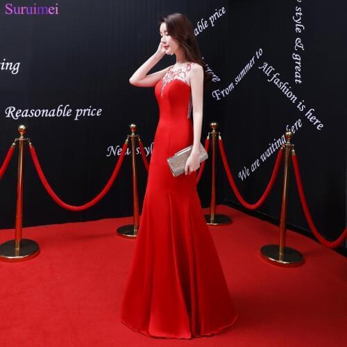 Red Mermaid Prom Gown Nude See Through Back Tulle Floor Length Long Prom Party Gown