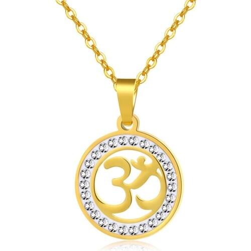 CZ Hip Hop Round Indian Yoga Pendant Necklaces Gold Color Stainless Steel OHM Hindu Buddhist AUM OM Necklace India Jewelry