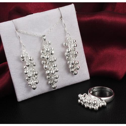 Hot 925 sterling Silver Grape beads pendant earrings ring necklace for women Jewelry set fine Fashion classic wedding Party gift