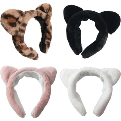 Cute Cat Ears Headband Thicken Fluffy Plush Elastic Hair Hoop Wide-Brimmed Bandana Makeup Wash Face Hair Accessories