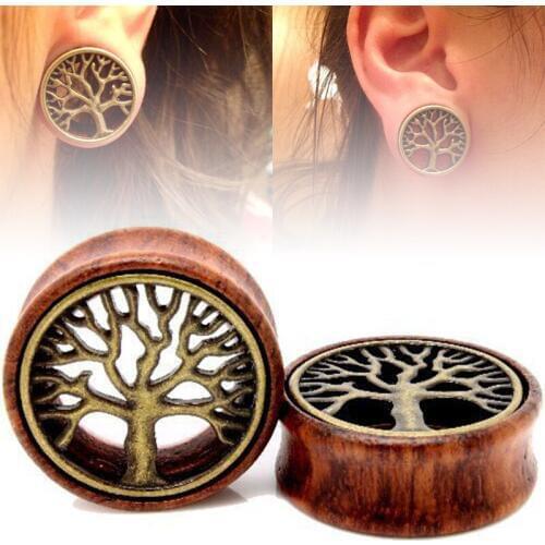 MODRSA 1Pair Retro Bronze Ear Plugs and Tunnels Wooden Tree Of Life Earring Gauges Ear Expanders Tragus Piercing Body Jewelry