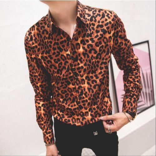 M-2xl Autumn New Mens Long-sleeved Shirt Leopard Print Youth Casual Wild Shirt Korean Version Of The Tide Shirt Stage Costumes