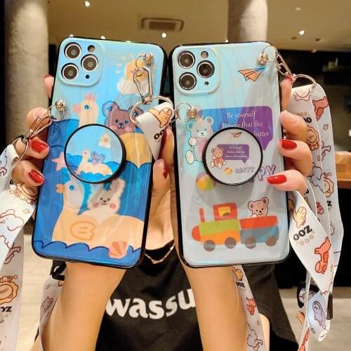 Blue Ray Cartoon Bear Rabbit Soft Silicone Phone Case With Bracket Rope For Samsung S20 Plus S20Ultra S20 FE M01 M11 M21 M31 M51