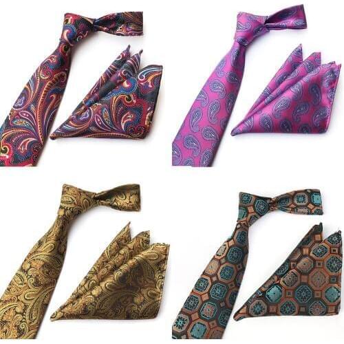 Ricnais Mens 8cm Formal Tie Set Gold Red Paisley Floral Silk Jacquard Handkerchief Necktie Suit Business Wedding Accessories