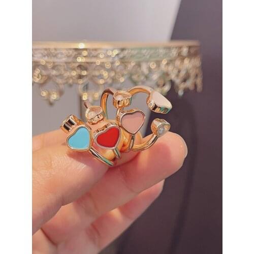 Top Quality Europe Famous Brand Luxury Jewelry For Women Rose Gold Color 2 Hearts Zircon Rings 2 Leaves Flower Pink 925 Sliver