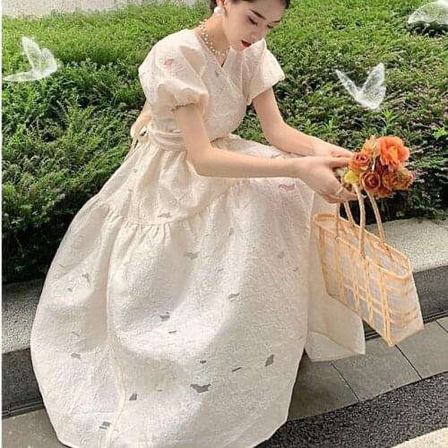 Bella new Summer Solid Vintage Fairy Dress Women V-Neck Bandage Princess Elegant Sweet Dress Casual Puff Sleeve Party Midi Dress