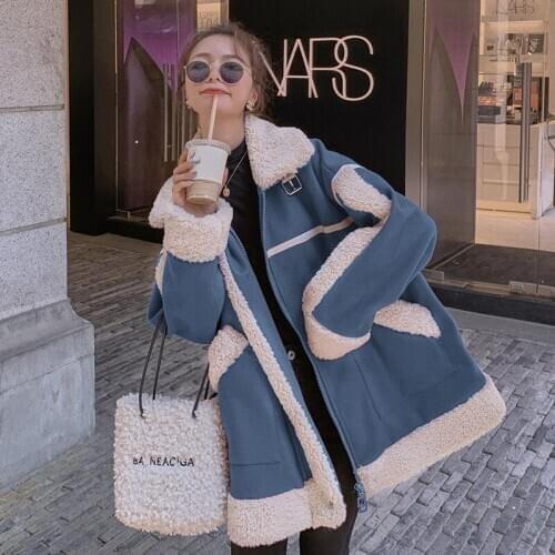 Woolen Coat Female Children 2021 New Winter Korean Lamb Wool Stitching Lapel Long-Sleeved Loose Short Fashion Cotton Jacket YY2