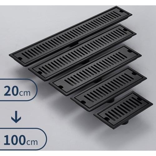 20-100cm Black Side Outlet Shower Drain Stainless Steel Bathroom Floor Drainage Linear Waste Drain Cover Roof Kitchen Accessory