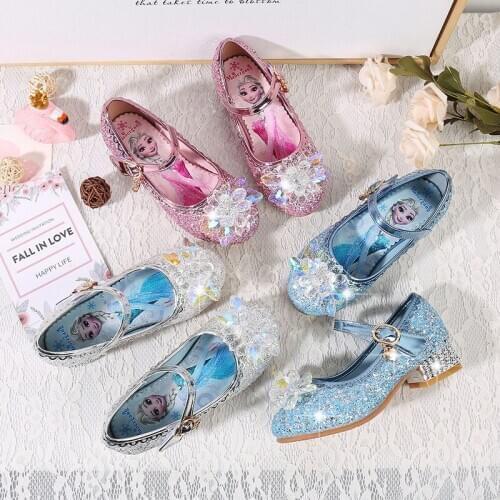 Disney girls high heel shoes spring new childrens frozen elsa princess crystal shoes kids performance shoes
