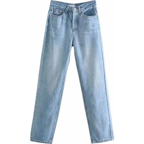 ZA 2021 women boyfriend stretch straight Jeans Washed full length Mid waist denim pants pocket blue versatile Trousers Ladies