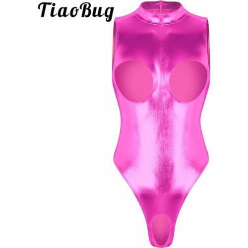 TiaoBug Women Swimsuit One-piece Wet Look Faux Leather Crotchless Bodysuit Sexy Swimwear Sleeveless Open Bust Teddy Lingerie