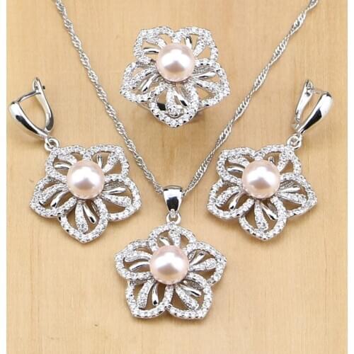 Flower 925 Silver Jewelry Sets Pink Freshwater Pearls With Beads Decorations For Women Pendant Drop Earrings Rings Necklace Set