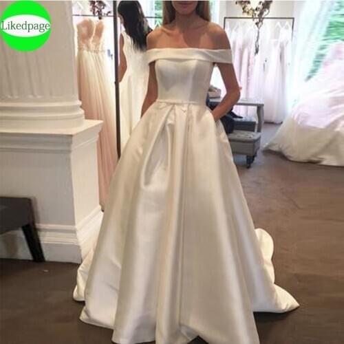 Off The Shoulder Wedding Dress Simples Vestidos De Novia 2021 Satin A Line Boda Bride Gown Robe Mariage Trouwjurk With Pocket