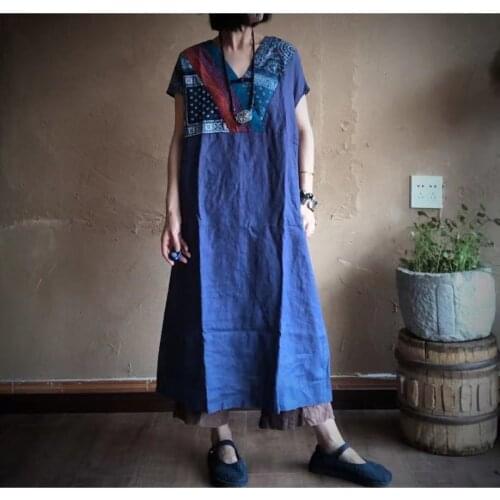 Women Summer Patchwork Linen Dress Ladies Spliced Flax Dress Female Vintage Loose Dresses 2021