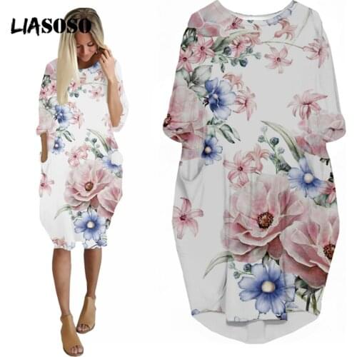 LIASOSO Animal Flower Dress 3D Print Girls Street Interesting Fashion Loose Long Sleeve Over The Knee Color Dresses for Women