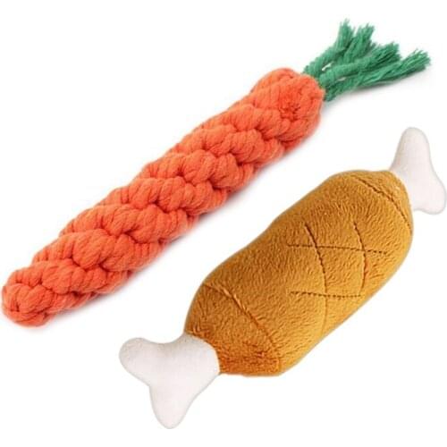 2 Pcs Chew Toys: 1Pcs Dog Toys Cotton Carrots Chew Teeth Cleaning Bite Toys & 1Pcs Pet Plush Chicken Leg Sounding Toy