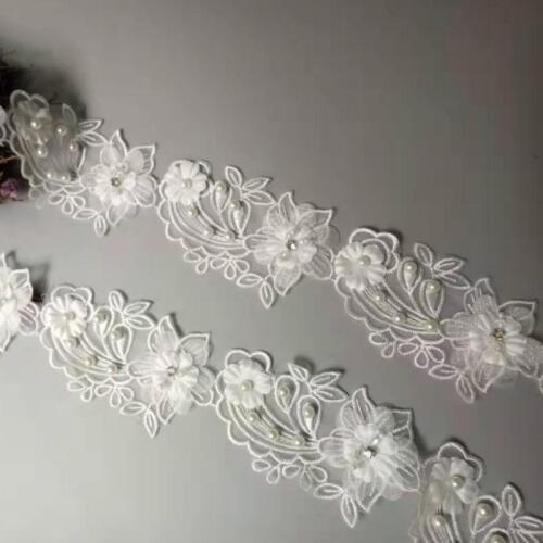 2 yards White Pearl Flower Leaf Handmade Beaded Embroidered Lace Edge Trim Ribbon Applique Wedding Dress Sewing Craft DIY Hot