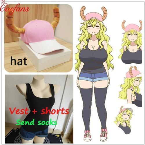 2019 New Hot Anime Cosplay Wig Miss Kobayashis Dragon Maid Cosplay costume Quetzalcoatl Lucoa hat For Women Vest pants and sock
