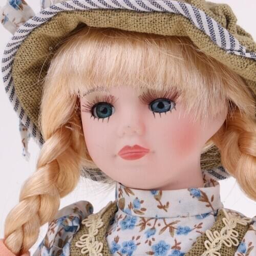 30cm Porcelain Vintage Girl Doll Standing Figure withGreen Dress Collectible