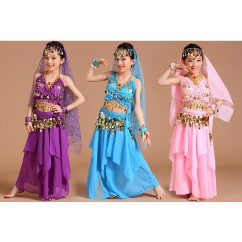 5pcs 1set Girls Belly Dance Costumes Kids Belly Dancing Girls Bollywood Indian Performance Dancewear Children Oriental Dance