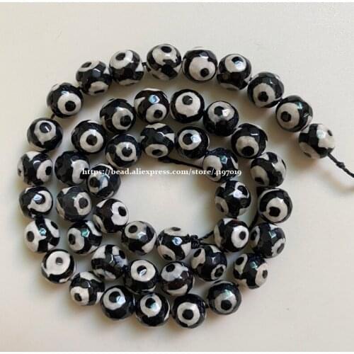 Free Shipping Natural Stone Faceted Eye Pattern Black Tibetan Agates Round Loose Beads 8 10 12MM Pick Size For Jewelry