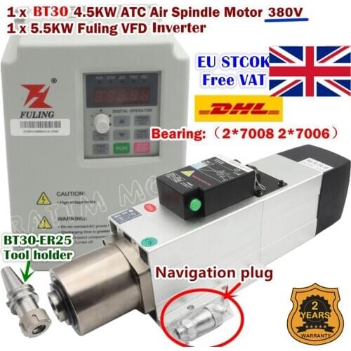 [EU SHIP]4.5KW BT30 ATC Air Cooled Spindle Motor 24000RPM 220V/380V Automatic Tool Change for CNC Router Woodworking+5.5KW VFD