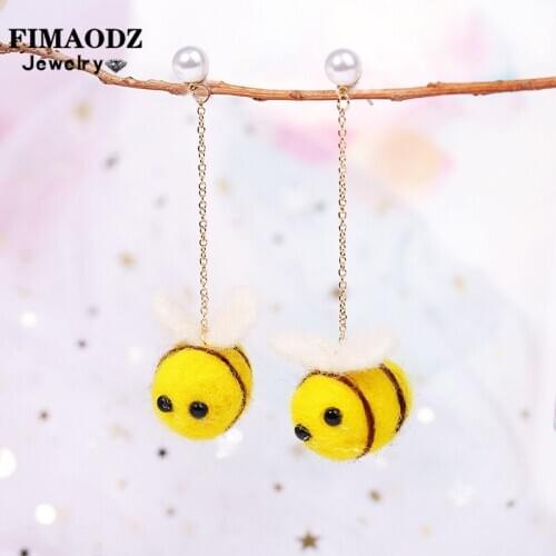 FIMAODZ Honey Bee Earrings For Women Girls Kids Cute Animal Handmade Wool Long Chain Yellow Small Bumble Bee Earings Dangle