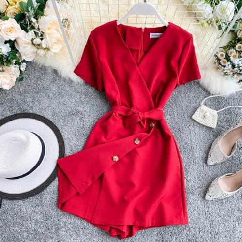 FMFSSOM 2021 Summer Lace Up Solid Casual Style Rompers&Playsuits Women Black Short Sleeves Cross-pants Playsuits