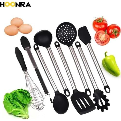 HOONRA 8Pcs/set Black Silicone Kitchen Utensil Set Cooking Tools Stainless Steel Handle Cake Tools Set Silicone Kitchen Tools