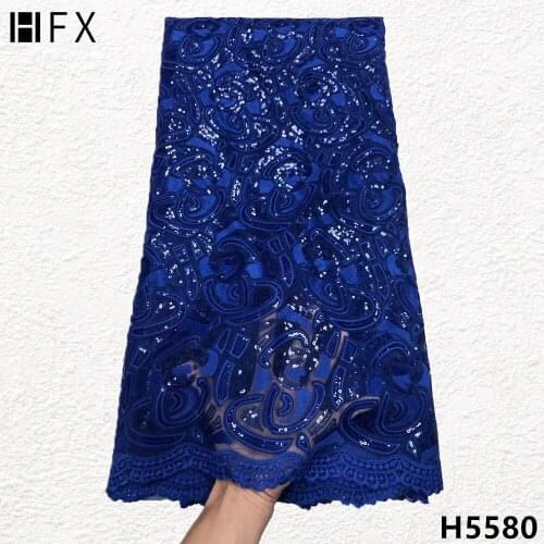 HFX royal blue sequins Lace Fabrics 2021 African tulle Lace Fabric French Net Laces Embroidery Laces for Wedding Dress H5580