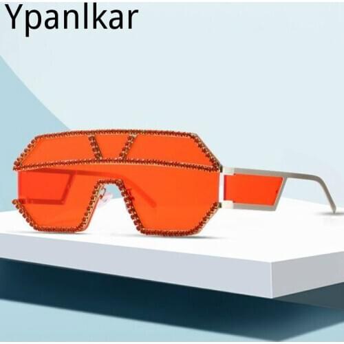 Fashion Oversized Square Diamond Sunglasses Women Luxury Brand Designer One-piece Glasses Metal Rhinestone Eyeglasses