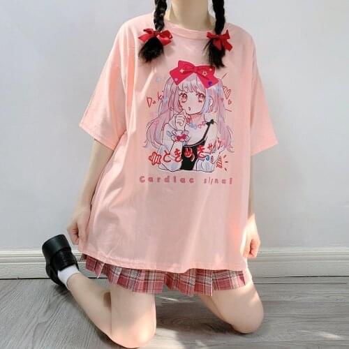 Fashion Cute Harajuku Y2k Cartoon Anime Manga Girl Printed Loose Kawaii Top Womens Short Sleeve T-Shirt for Summer