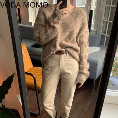 Fashion Women Autumn V Neck solid Long Sleeve Sweater Casual Womens Loose Knit Pullover Sexy Jumper Tops Pullover Knitted Top