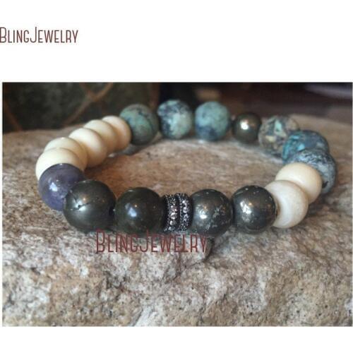 Raw Pyrite Pave Quartzs Tanzanites Stones Hand Carved Matte African Turquoises Bone Beaded Stack Bracelet BM10806