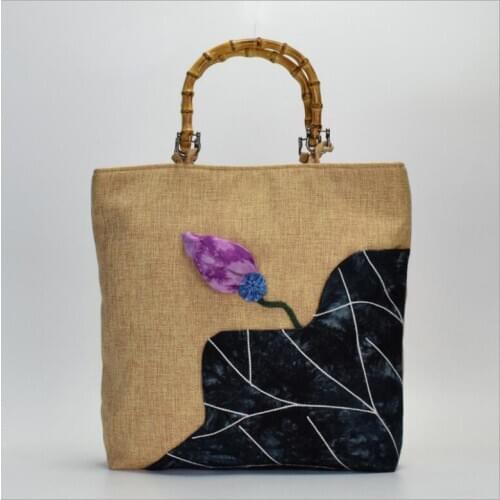 Original Chinese style womens bag Vintage cotton hemp one shoulder handbag handmade bamboo large capacity shopping bag