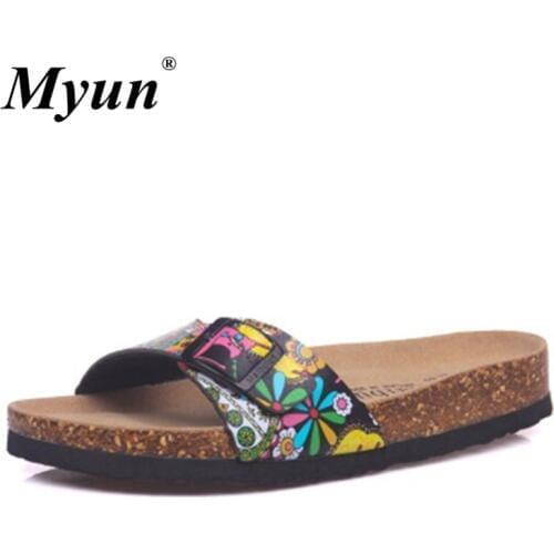 New Fashion Summer Style Cork Slipper Sandals Women Casual Mixed Color Print Flip Flops Female Buckle Strap Beach Slides