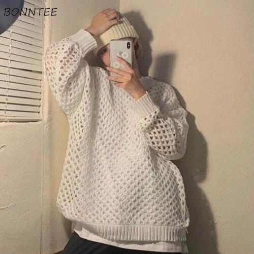 Pullovers Women O-neck Hollow-out Casual Argyle Loose Spring Streetwear Harajuku Long-sleeve Retro Fashion College All-match Ins