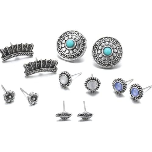 8Seasons Fashion Stud Earrings Silver Color Ocean Series Round Flower Leaf Vintage Styles For Women Jewelry Hot New,1 Set